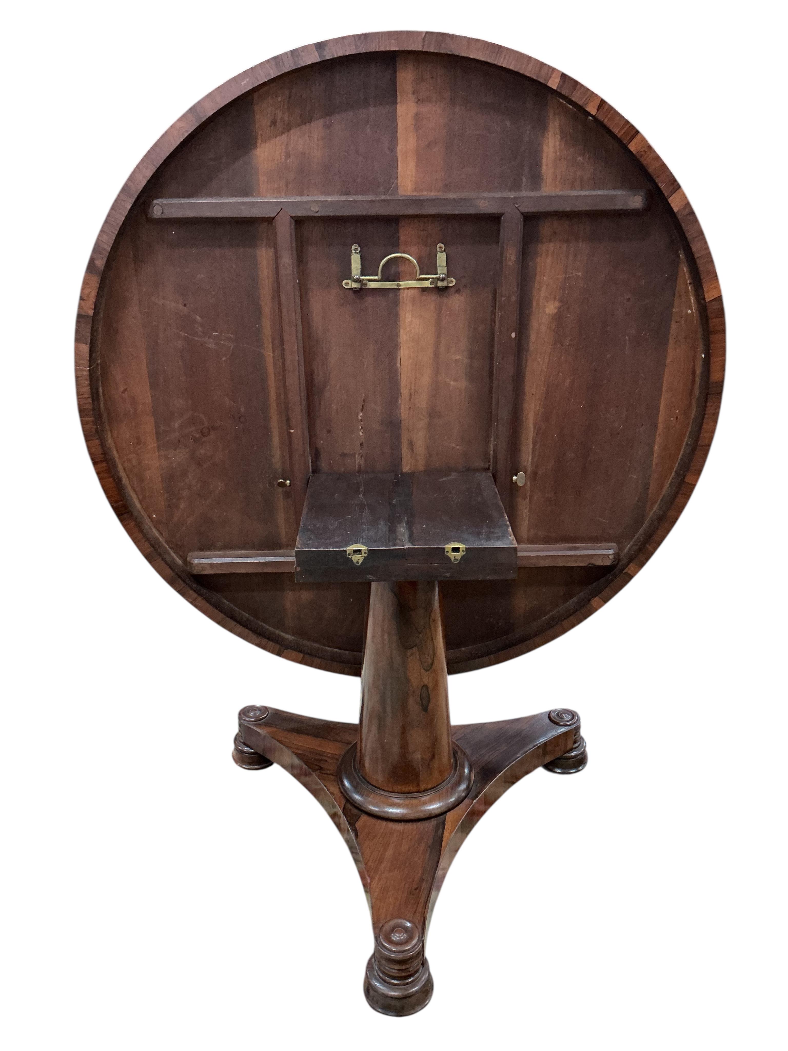 A William IV circular rosewood tilt top breakfast table, diameter 120cm, height 72cm